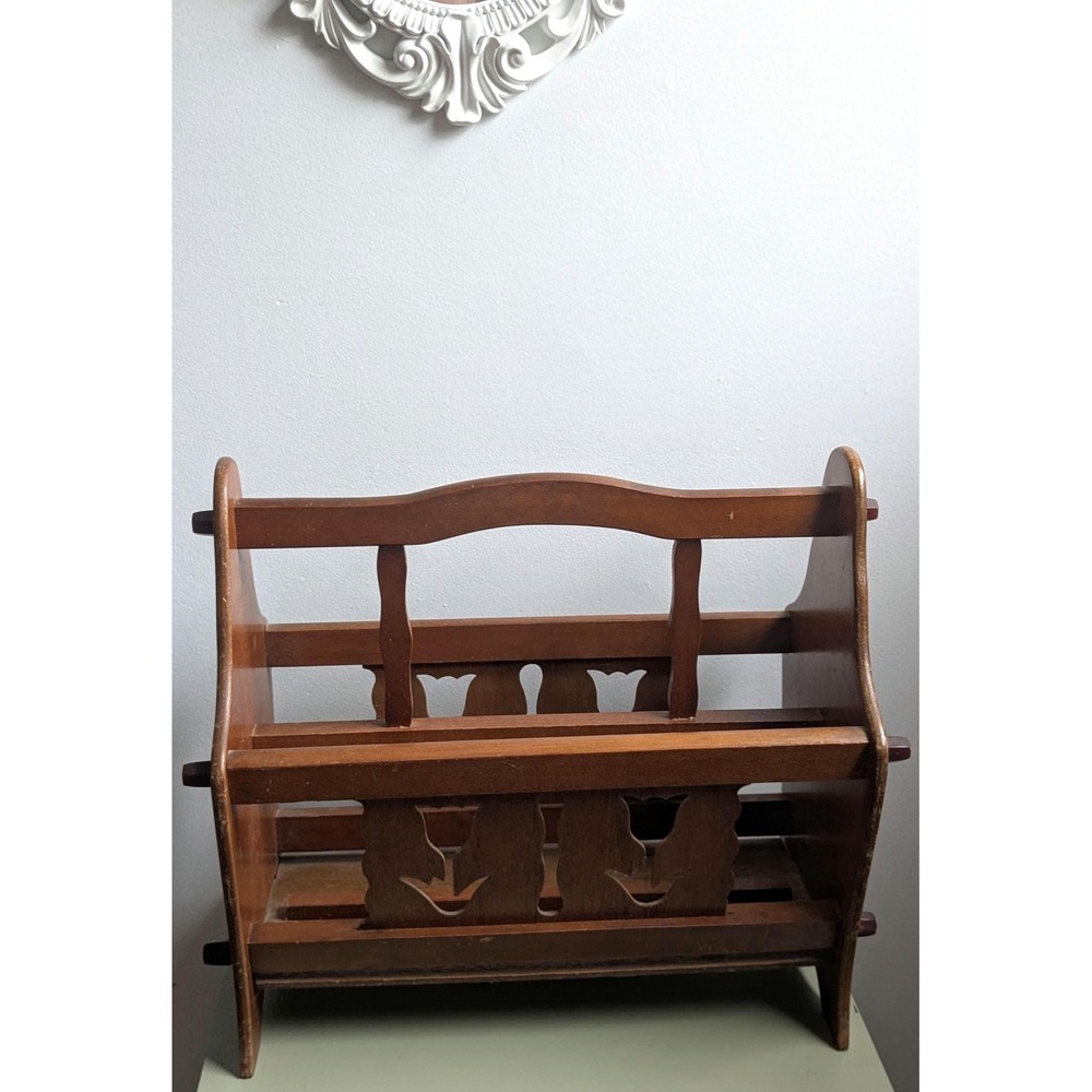 Vintage Wooden Magazine Rack Tulip Cutout Newspaper Holder Early American Rustic